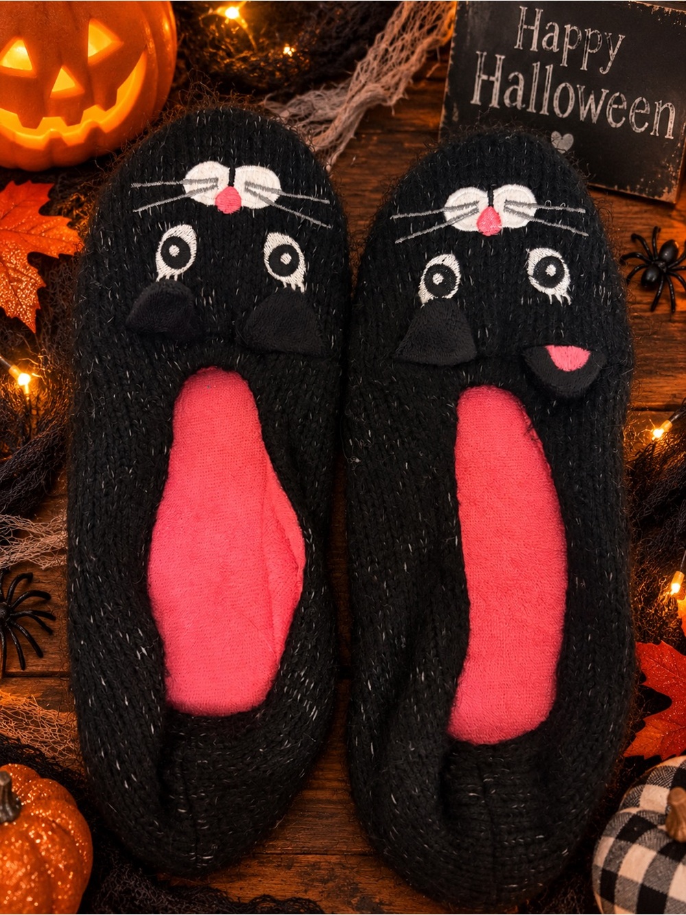Secret Treasures Black Cat Slipper Shoes with Pink Insole (L 9-10)